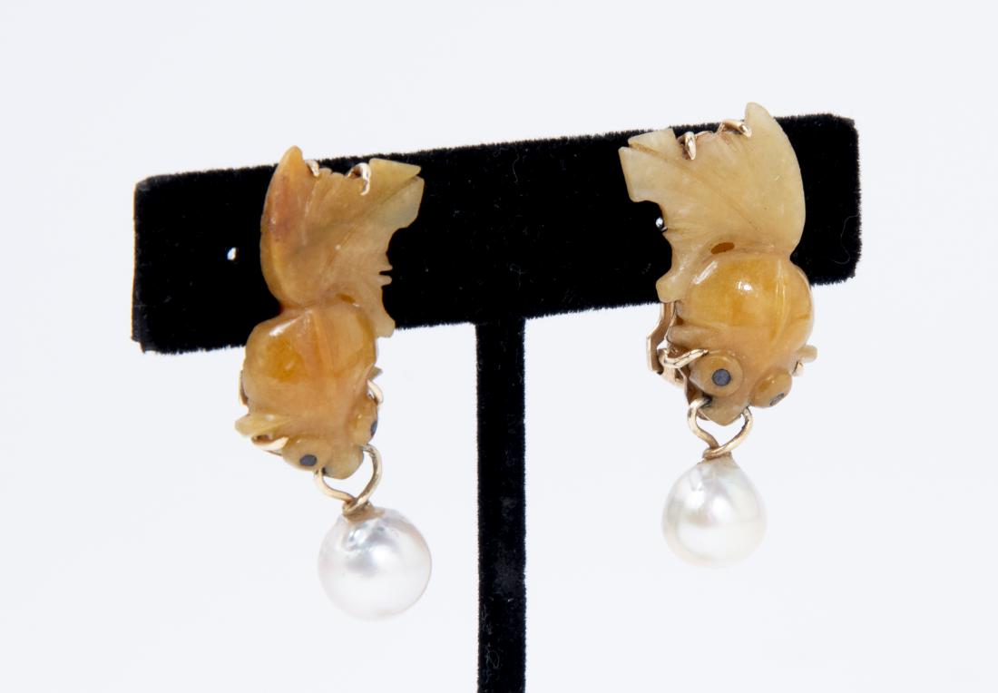 Pair Jade Ear Clips of Koi Fish with Pearls (1 of 4)