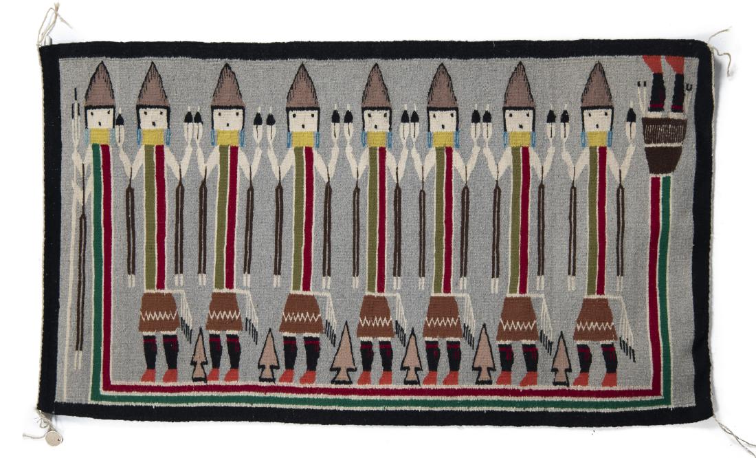 Hand Woven Navajo Rug: DESCRIPTION: Hand woven Navajo rug. Black border with eight figure center on grey ground. Weaver: Lala Joe. Luke, AZ. Tagged. MEASUREMENTS: 2' 3" x 3' 11". CONDITION: Very good.