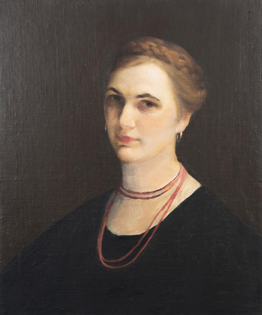 Dimitri Romanovsky (Russian/American, 1887-1971): DESCRIPTION: Dimitri Romanovsky (Russian/American, 1887-1971). Oil on canvas. Portrait of a woman. Signed on reverse. Dated "Aug 1912". Incl Grand Central Art Gallery label. Unframed. MEASUREMENTS: 24