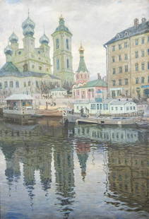 Arnold Borisovich Lakhovsky (Russian, 1880-1937): DESCRIPTION: Arnold Borisovich Lakhovsky (Russian, 1880-1937). Oil on canvas. Canal scene. Probably Pskov. Signed in cyrillic lower left. Dated 1910. In white painted gesso frame decorated with rose b