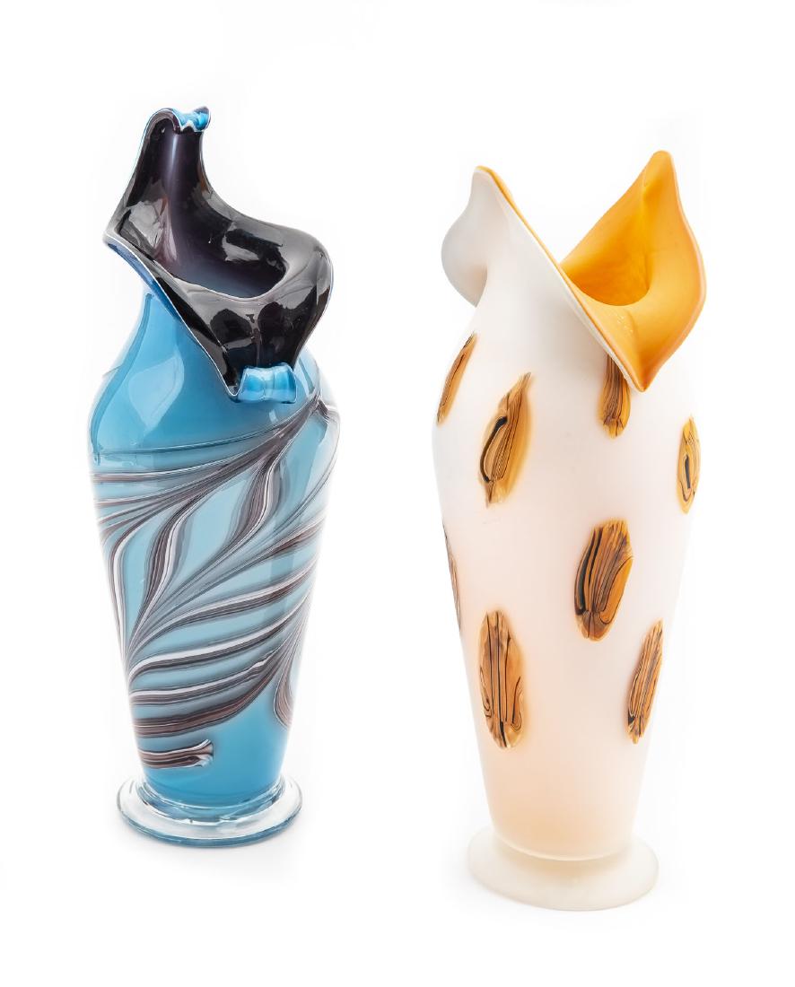 2 Russian Art Glass Vases: DESCRIPTON: Two art glass vases. Includes 1) Jack in the pulpit form vase in blue with purple and white swirl. Stamped on bottom "E. Zareh". Rough pontil. 17". 2) Pull top glass vase in orange and fro