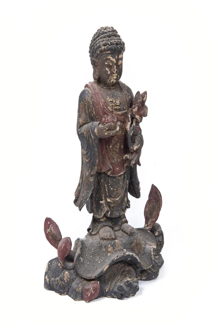 Carved Wood Standing Buddha with Lotus (1 of 4)