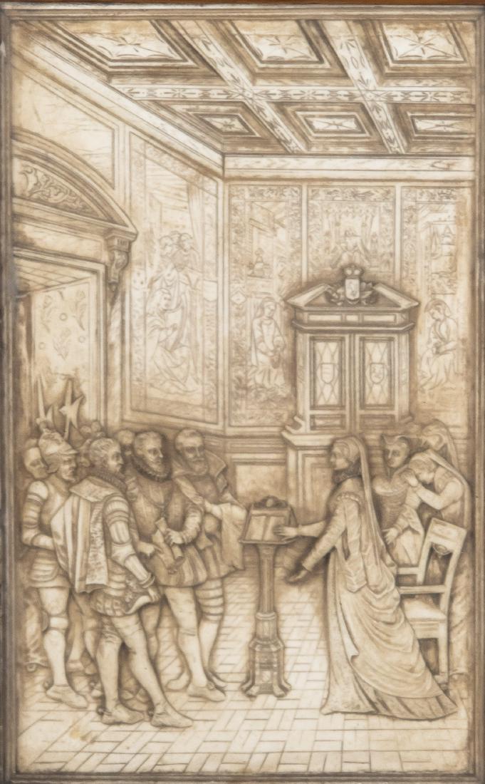 Renaissance Plaster of Paris Plaque: DESCRIPTION: Plaster of Paris plaque. With 16th century scene of an arrest of a lady. In wood frame. MEASUREMENTS: Sight 11-1/4" x 7". Overall with frame 15-3/4" x 11-1/2". CONDITION: Wear to plaque w