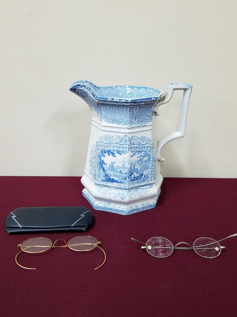Transferware Pitcher and Antique Eye Glasses: Pitcher 7-3/4" high. One pair glasses marked GWDZGOLD.
