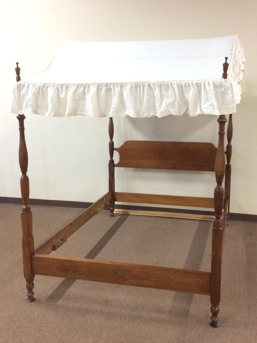 Bed frame with canopy: Minor wear from use, canopy frame is a homemade add on. 81” long x 57” wide x 78-1/4” high.