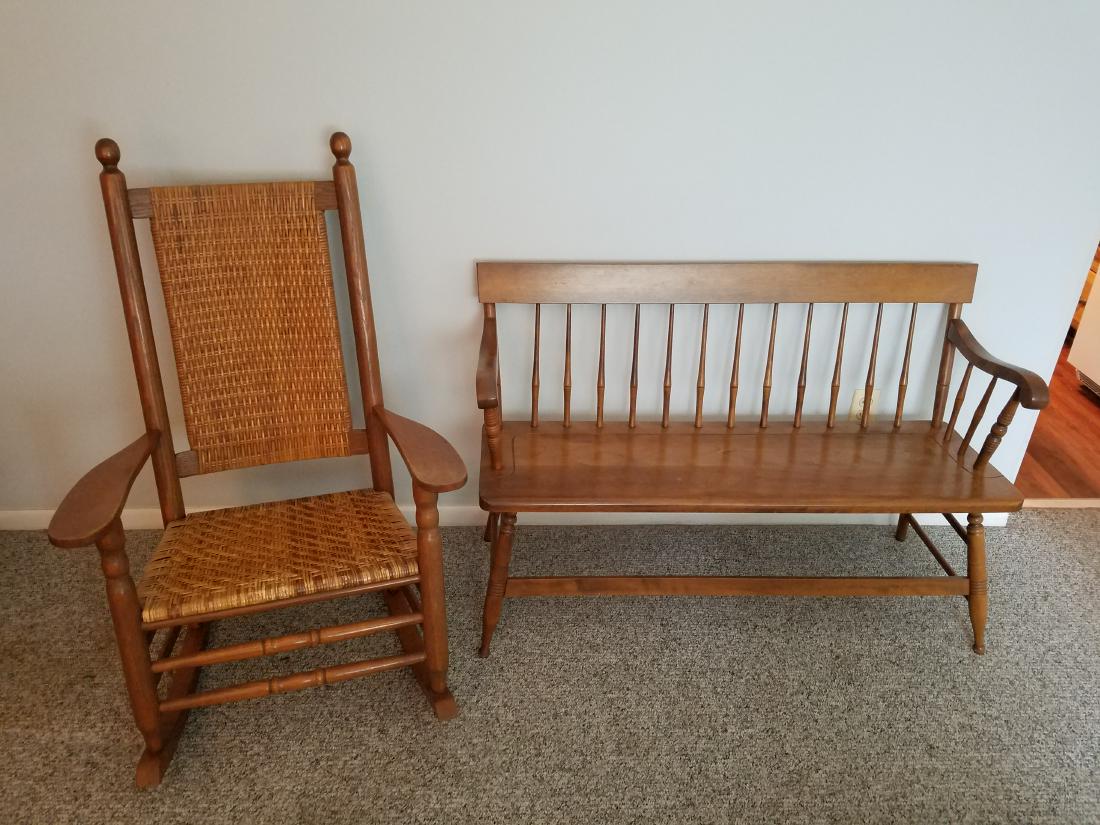 Wooden Rocker and Bench: Bench 48" wide x 19" deep x 31-1/2" high. Rocker 28-1/2" wide x 33" deep x 43" high.