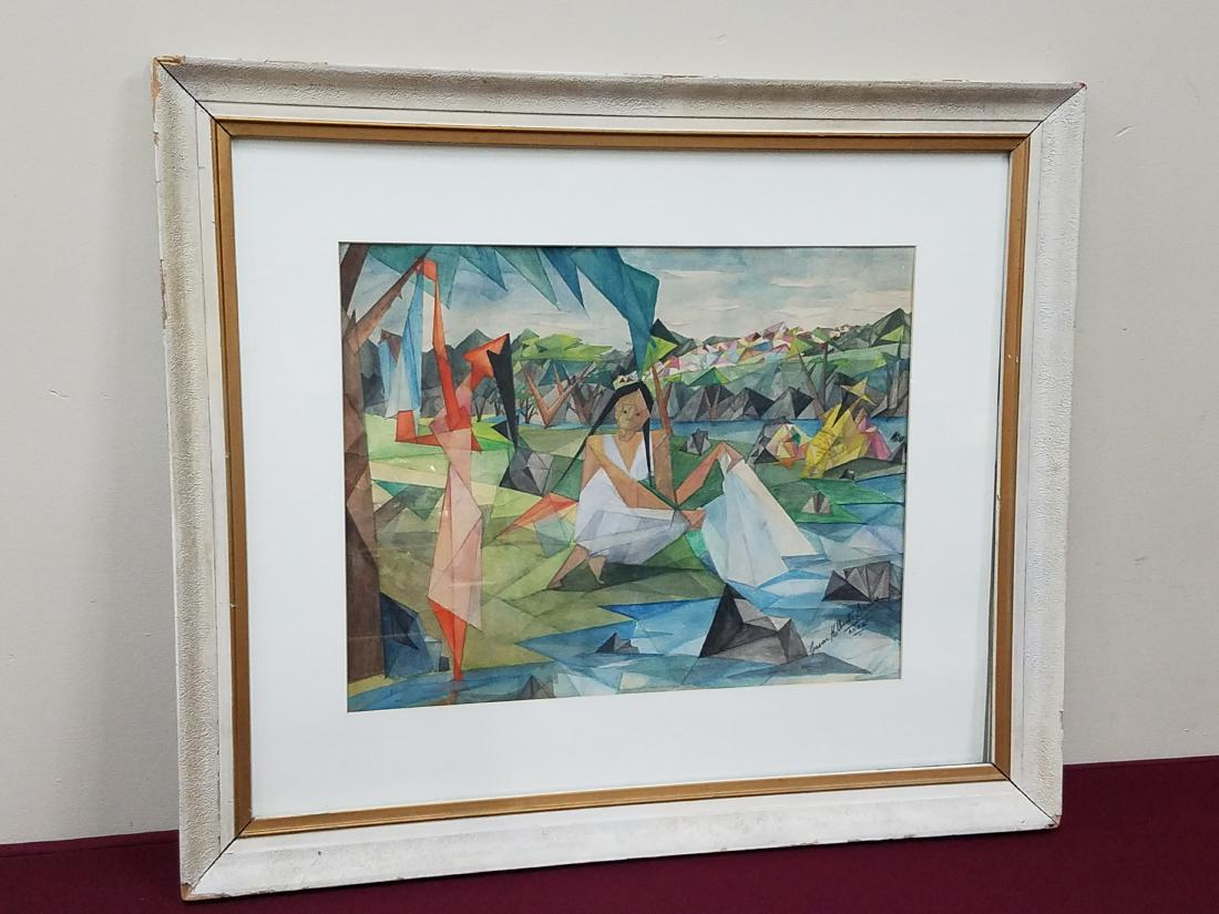 Cesar Alberto Sarria Cubist Watercolor: 23" high x 27-1/4" wide.