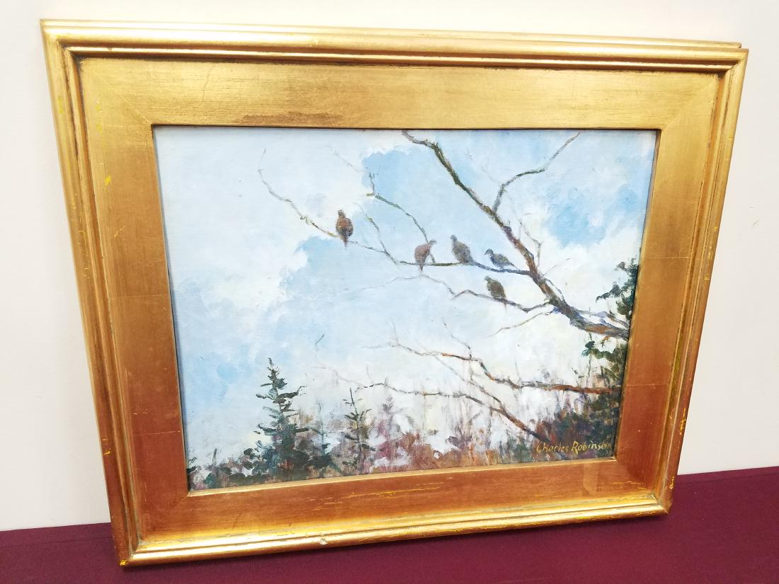 Charles Robinson Bird on Tree Painting: 19-1/2" high x 23-1/2" wide.