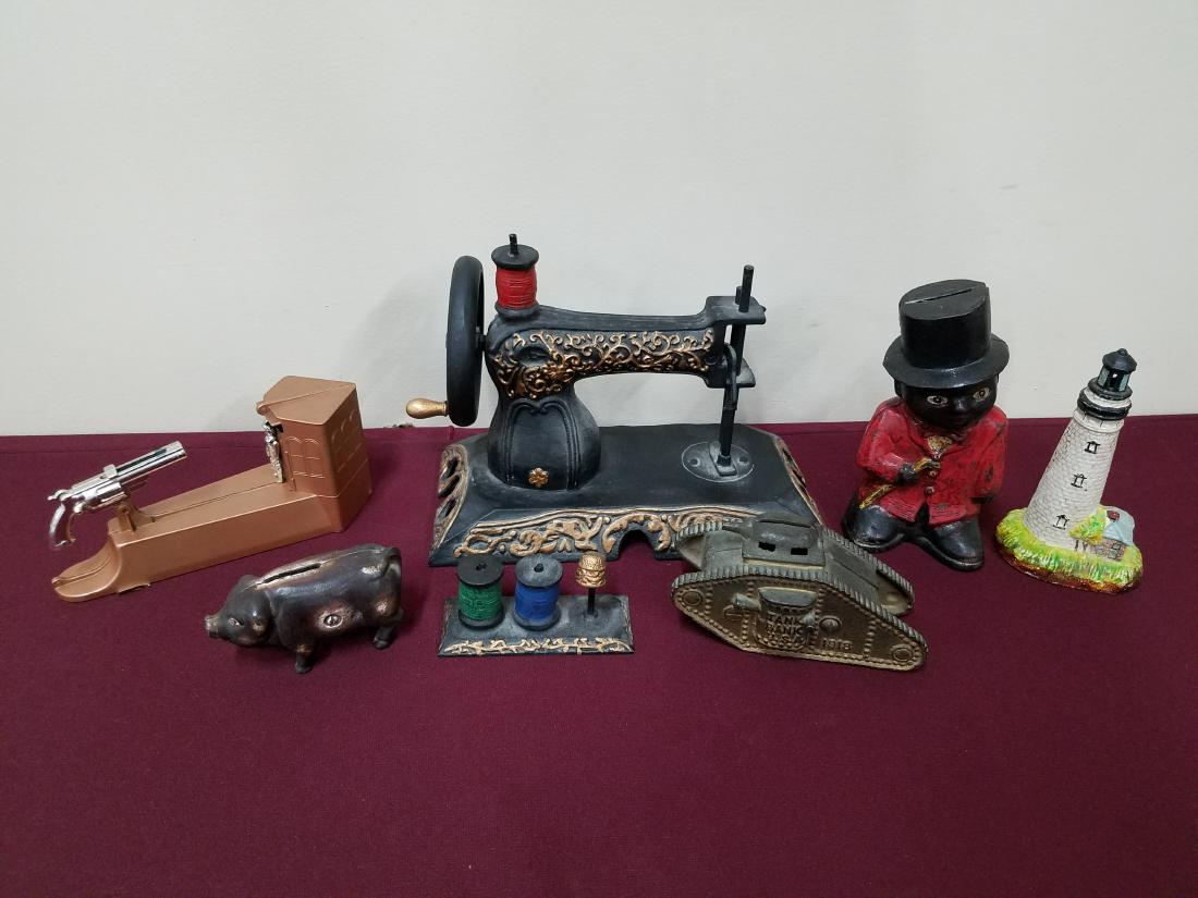 7 Pcs Banks and Cast Sewing Machine: 2" to 8" high.