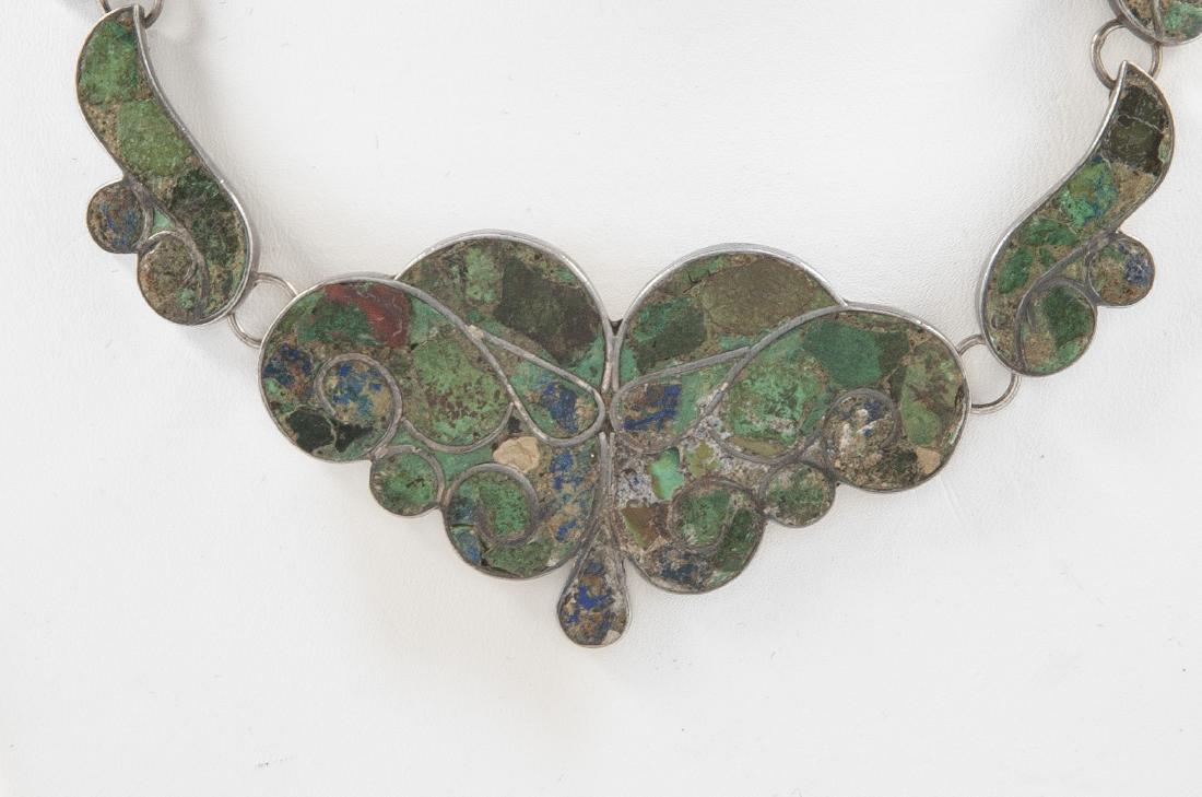 Malachite, Turquoise, and Mexican Silver Necklace: DESCRIPTION: MB Taxco turquoise and .950 Mexican silver necklace. Marked "MB Taxco Mexico 950". MEASUREMENTS: 16" long. CONDITION: Light wear.