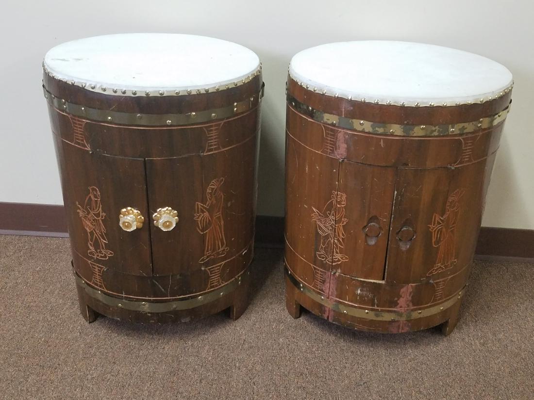 Pr. Carved Drum End Tables (1 of 4)