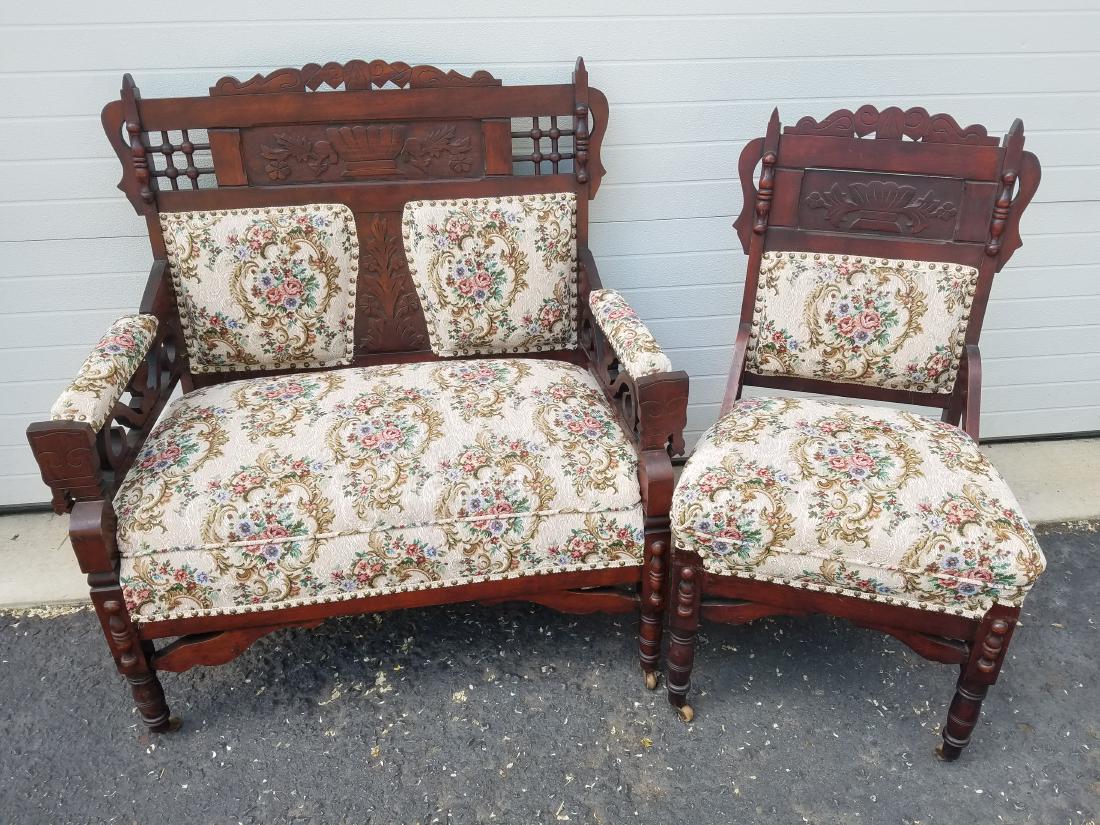 Settee and side chair: Settee height 38 1/2 inch. Depth 21 in. Width 38 in. Chair height 38 in. width 20 in. Depth 18 in.