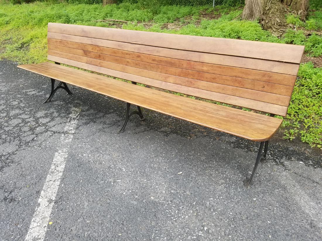 Iron and wood RR bench: Height 31 in. Depths 20 in. Width 98 in.