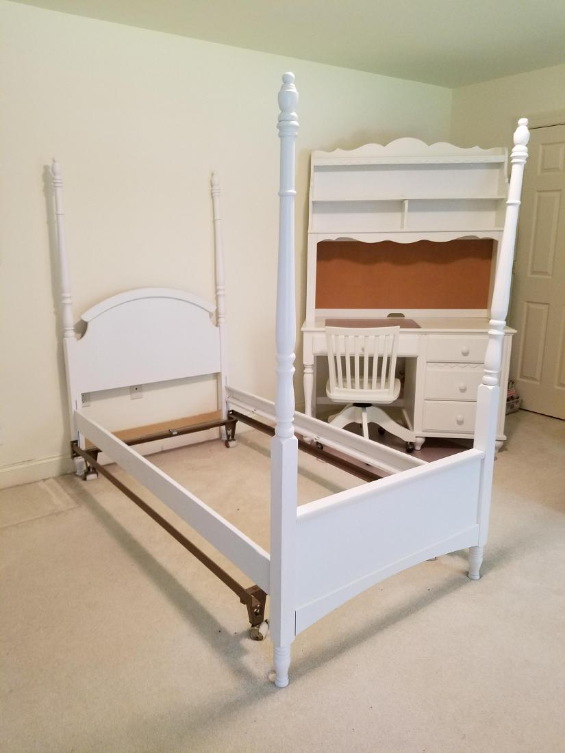 Single Bed and Desk with Chair: Desk 50" wide x 24" deep x 74" high. Bed 41" wide x 80" deep x 67-1/2".
