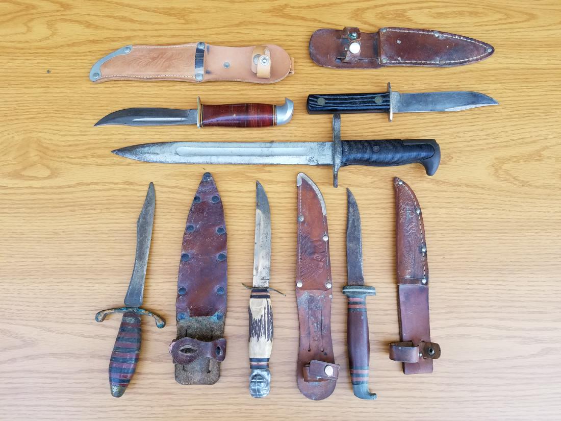 5 Sheath Knives and 1 Bayonet: Bottom center knife marked York cutlery. Bayonet marked U.C.