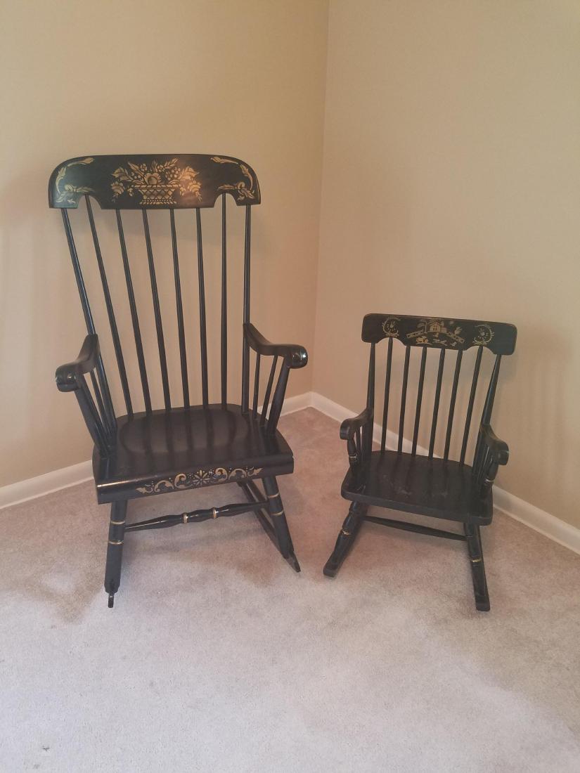 2 Lacquered Rocking Chairs: Left 42-1/2" high x 29" wide. Right 26" high x 23" wide.