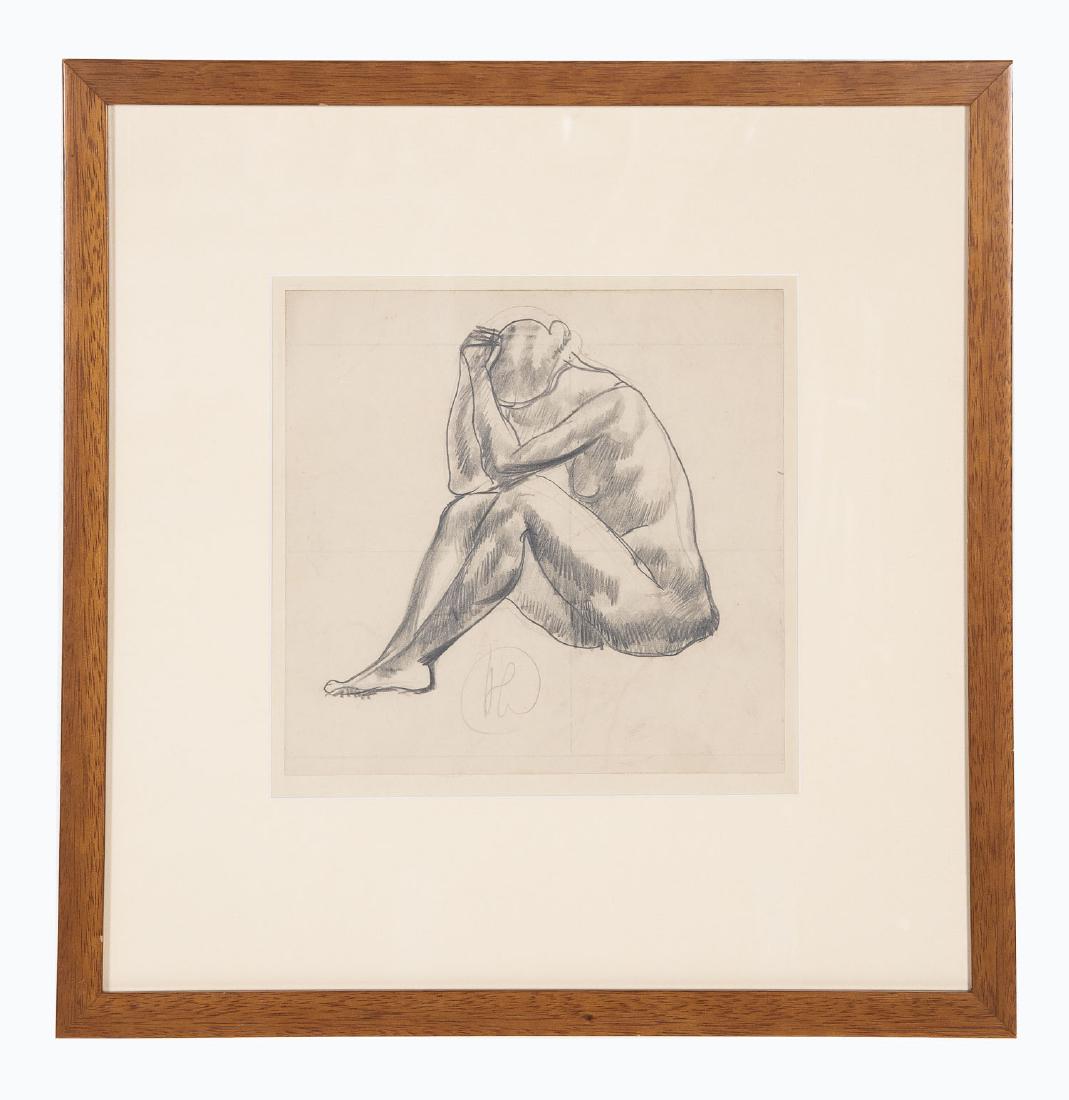 Hayley Lever (Australian/American, 1876-1958): Pencil drawing on paper. Seated female nude. Signed bottom center "HL". With mat and wood frame. PROVENANCE: From Denver Fine Arts in Denver, PA. Overall with frame 16-1/2" x 16-1/4".