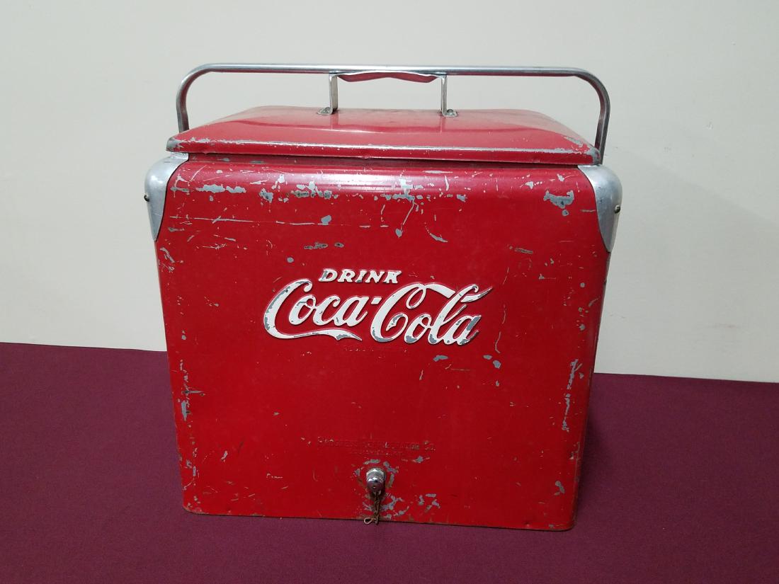 Vintage Coca-Coal Cooler: Paint losses throughout. 19" wide x 13" deep x 19" high.