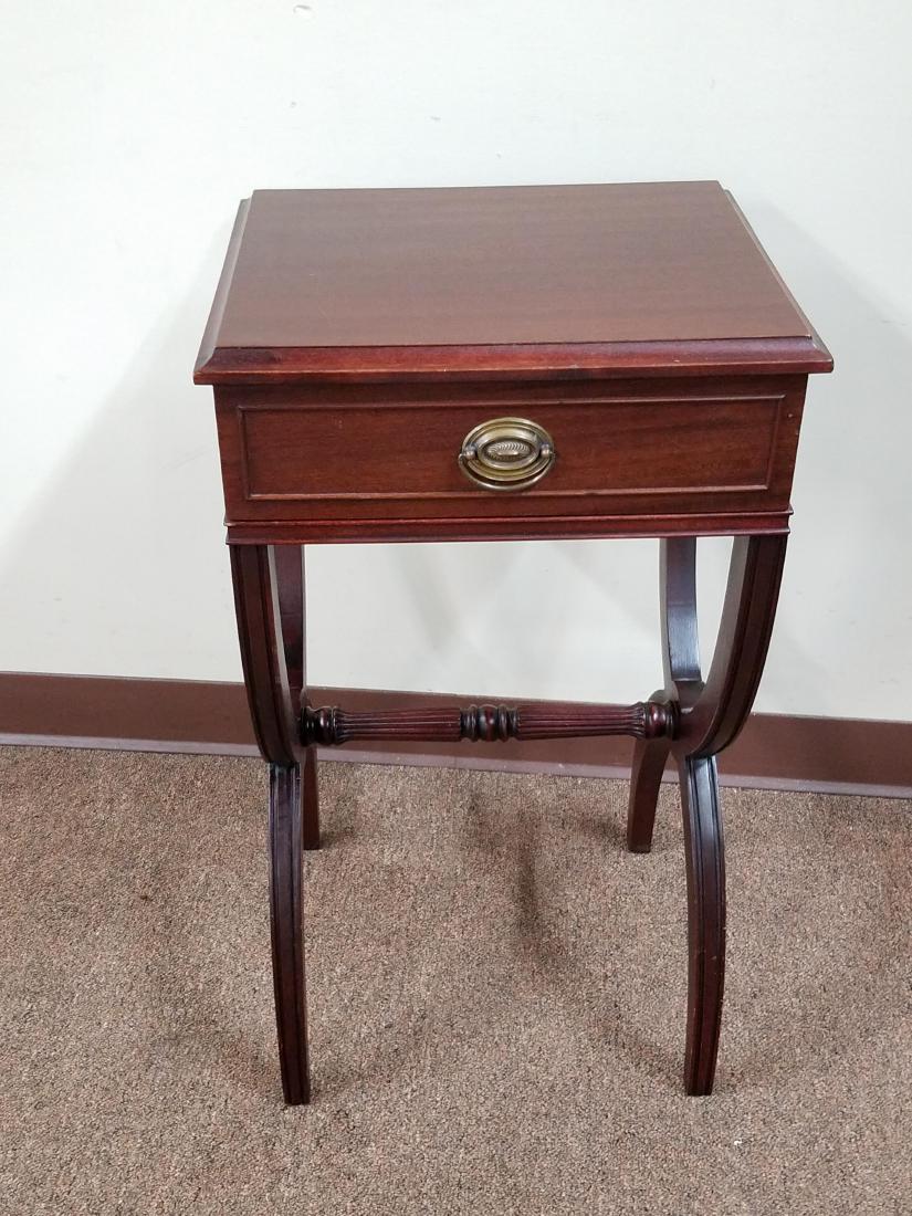 Flint and Horner Co Single Drawer Table: 16" wide x 14" deep x 28-1/2" high. Back rear leg repaired.