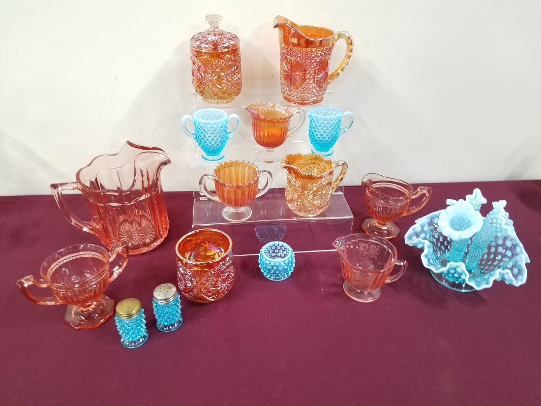 16 Pcs Carnival and Depression Glass incl Epergne: 2" to 8-1/4" high.