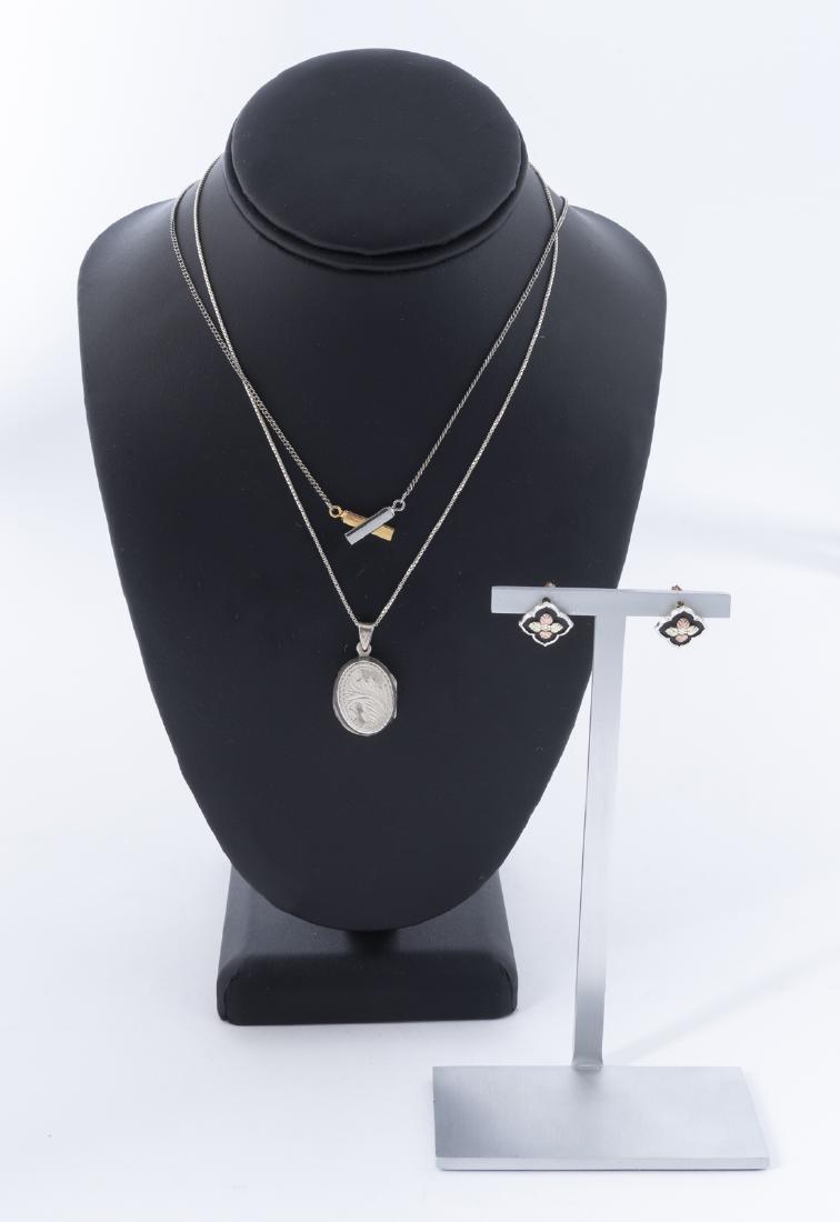 2 Necklaces & Pair of Earrings: DESCRIPTION: Two necklaces including sterling locket, and pair of sterling pierced. earrings. MEASUREMENTS: Necklaces 16" long, earrings 1/2".