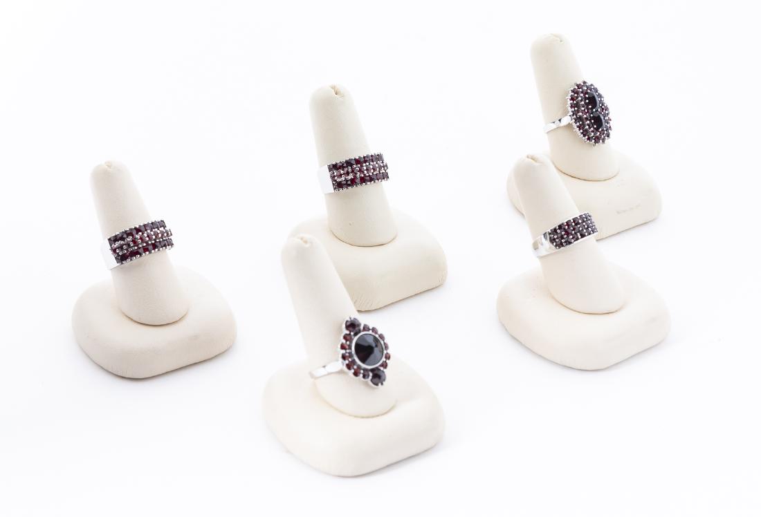 5 Silver and Garnet Rings: Sizes 6.5 to 9.