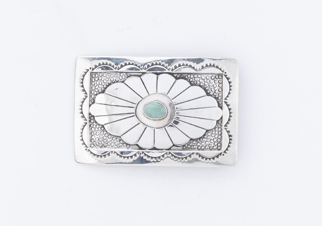 Turquoise and Silver Belt Buckle: Marked on reverse "JD sterling". Missing hook. 3" x 2".