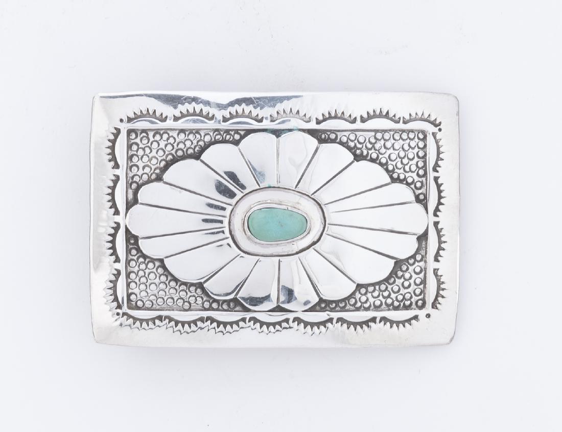 Turquoise and Sterling Buckle: Marked "JD Sterling". 3" x 2".