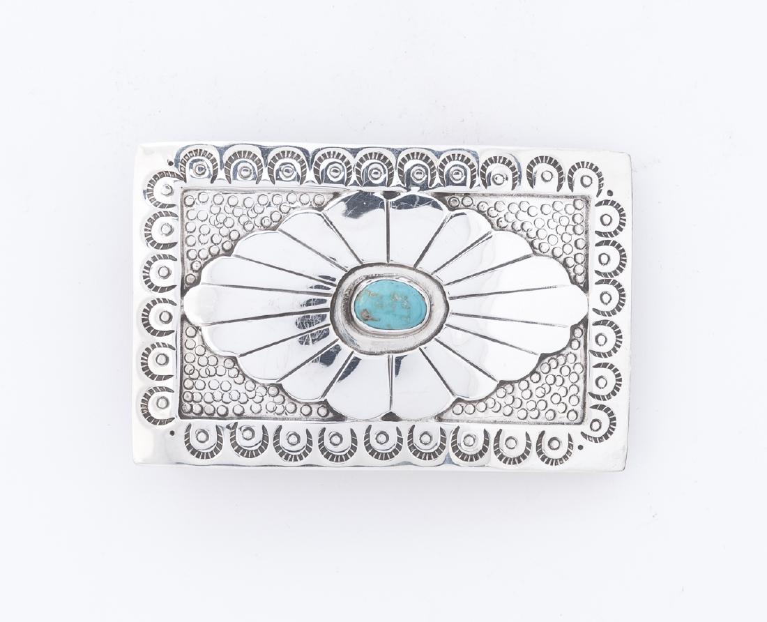 Sterling and Turquoise Belt Buckle: Marked to reverse "Sterling JD". 3" x 2".