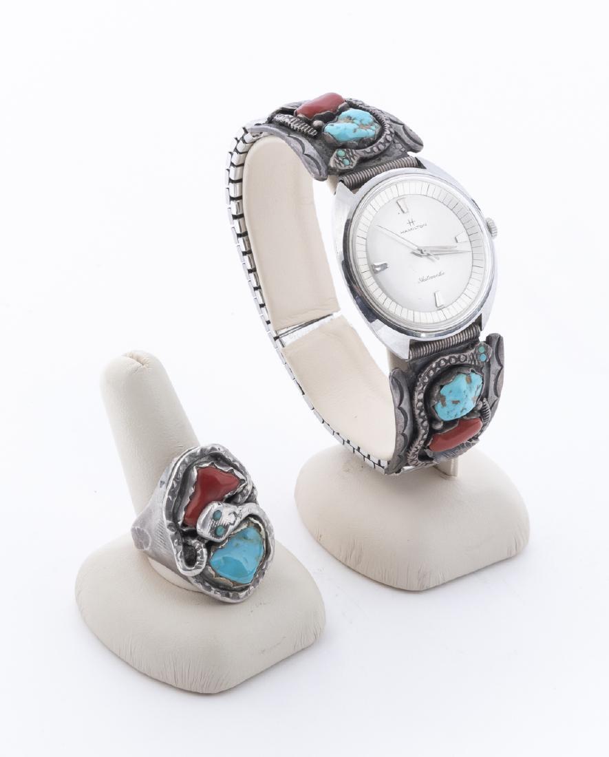 Turquoise and Coral Ring and Hamilton Watch: Serpent design. Ring size 11, length 1-1/4". Watch model number 911371. Running. 1-1/2" lug to lug.