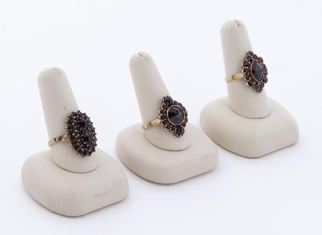 3 Russian Garnet Rings: Russian touch marks. Sizes 7-1/4 to 8-3/4.