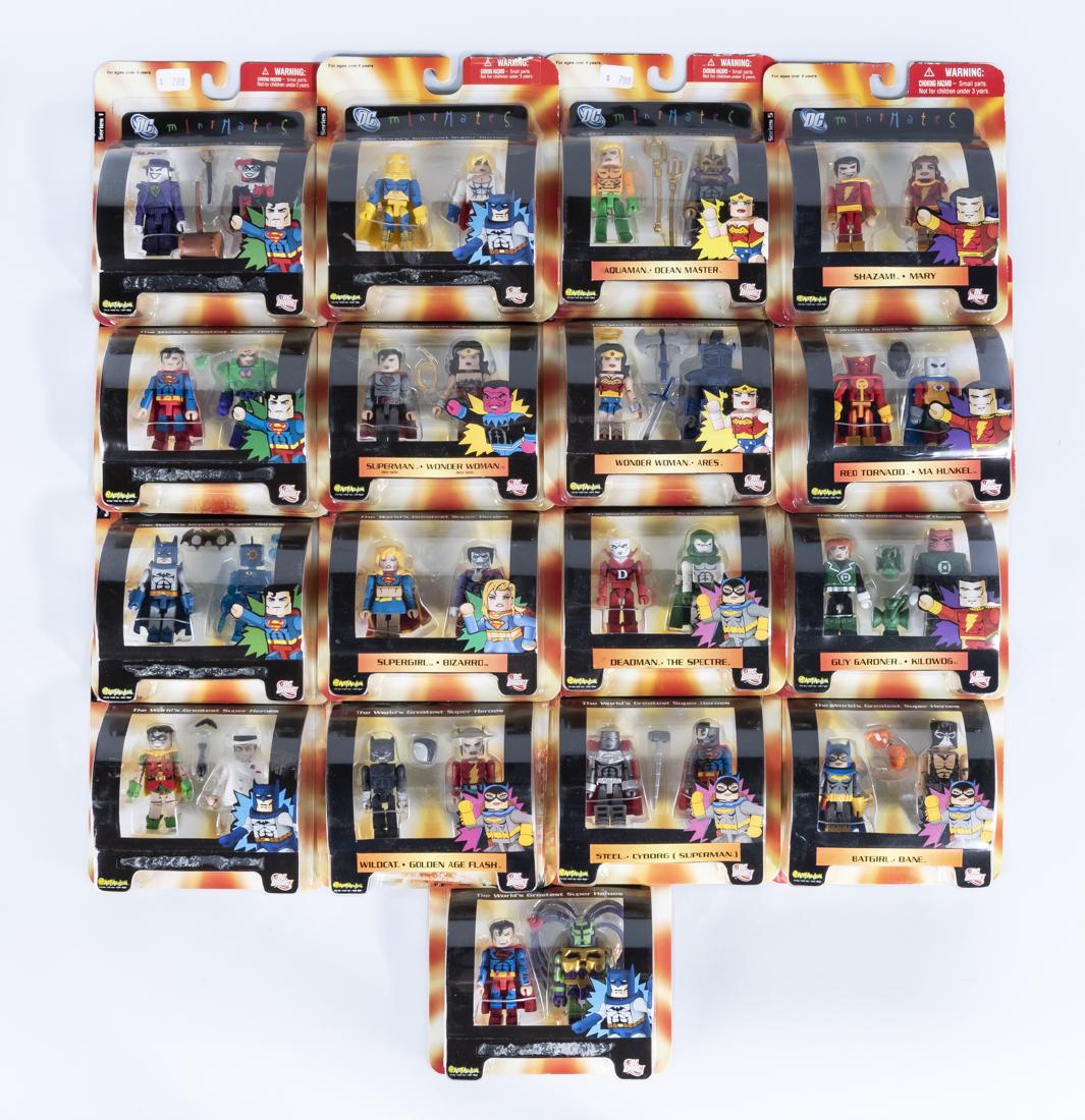 17 DC Super Heroes Minimates: DESCRIPTION: Seventeen DC "The World's Greatest Super Heroes" minimates in original blister packs. Includes The Joker & Harley Quinn, Superman & Lex Luther, Batman & Omac, The Penguin & Robin, Superma