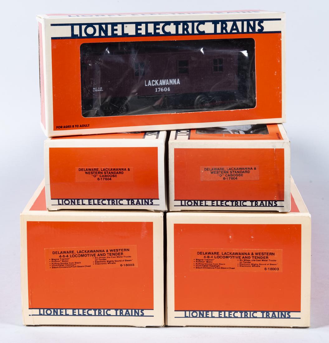 5 Pcs Lionel Rolling Stock incl Engines in OBs: DESCRIPTION: Five pieces Lionel O/O27 rolling stock in original boxes. Includes two Delaware Lackawanna & Western 4-8-4 loco and tenders 18003, and three 7604. CONDITION: Each appear lightly if at all