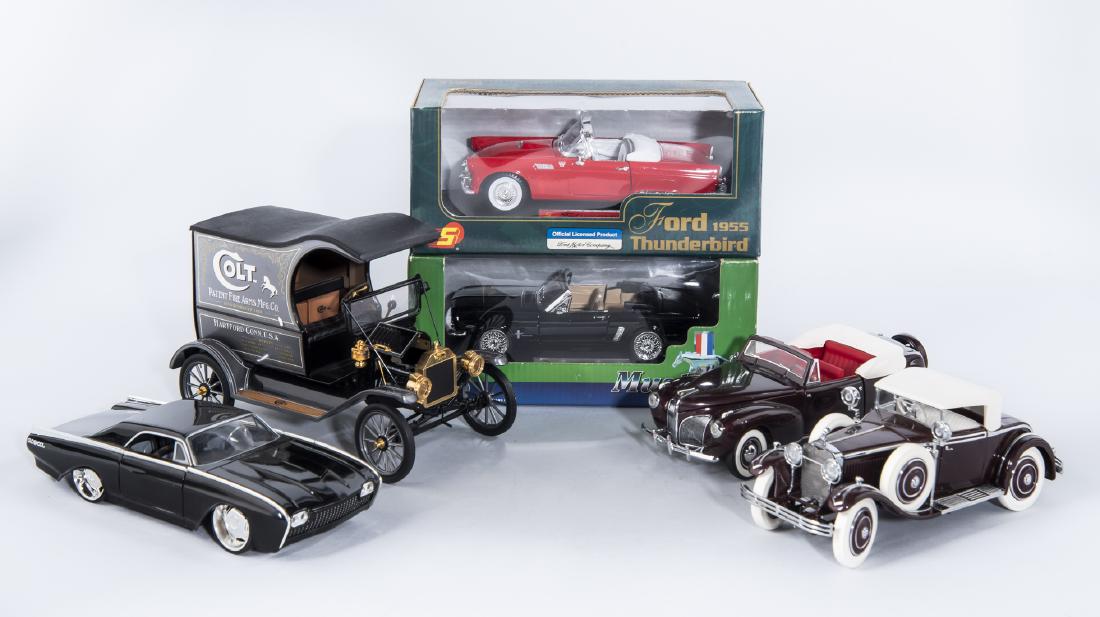 6 Die-Cast Metal Cars: DESCRIPTION: Six die-cast metal cars. Includes: 1) Franklin Mint 1:24 scale 1925 Hispano-Suiza H6B Kellner with certificate of authenticity. 2) Jada Toys 1:24 scale 1963 Ford Thunderbird. 3) Sunnyside