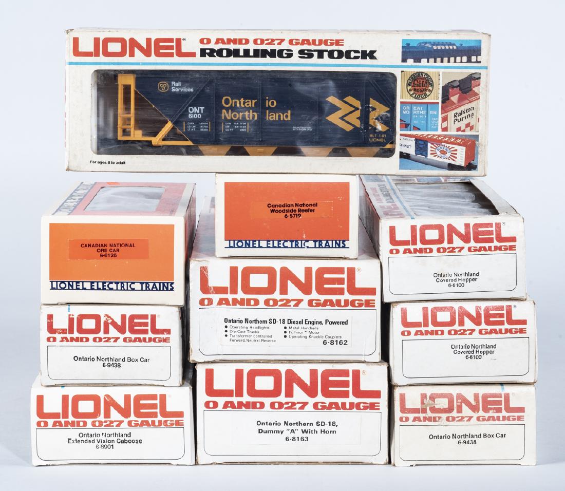 10 Pcs Lionel O/O27 Gauge Rolling Stock in OBs: DESCRIPTION: Ten pieces Lionel O/O27 rolling stock in original boxes. Includes Ontario Northern SD-18 diesel engine 8162, Ontario Northern SD-18 Dummy A with Horn 8163, two 9438, 6901, three 6100, 571