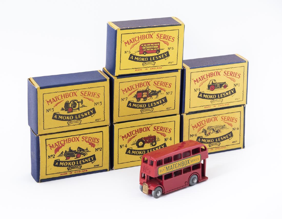 7 Matchbox Series Moko Lesney Vehicles in OBs: DESCRIPTION: Seven Matchbox Series Moko Lesney vehicles in original boxes. Includes issue numbers 1-7. MEASURMENTS: Various. Each box approx. 2-1/4" x 1-1/2". CONDITION: Lightly used with minor paint 