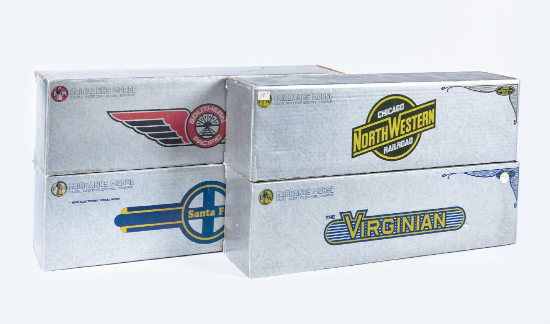 4 Lionel Limited Series FM Diesel Engines in OBs: DESCRIPTION: Four Lionel O gauge limited series Fairbanks Morse dual motor diesel engines in original boxes. Includes Santa Fe, Chicago North Western Railroad, Southern Pacific, and Virginian. CONDITI