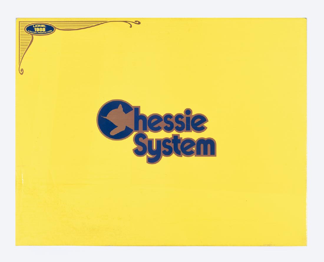 Lionel O/O27 1988 Chessie System 6-11705 in OB: DESCRIPTION: Lionel O/O27 1988 limited production Chessie System train set in original box. No. 6-11705. MEASUREMENTS: Box 28-1/2" x 22-1/2" x 4-1/4". CONDITION: Appears unopened. Box with light shelf