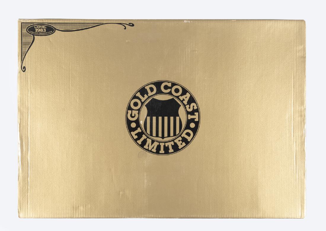 Lionel O/O27 1983 Gold Coast Limited 6-1361 in OB: DESCRIPTION: Lionel O/O27 1983 limited production Gold Coast Limited train set in original box. No. 6-1361. MEASUREMENTS: Box 30-1/2" x 21-1/4" x 4". CONDITION: Appears unused. Box with shelf wear.