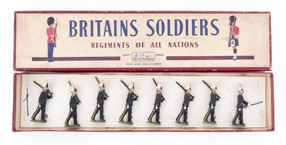 Britain #2035 Toy Soldiers in OBs: DESCRIPTION: Britain toy solder set 2035 in original box. Includes eight Svenksa Armen: Svea Livgarde (Swedish Army: First Lifeguard). MEASUREMENTS: Figures 2". Box 14-3/4" x 3-1/2" x 1-1/4". CONDITIO