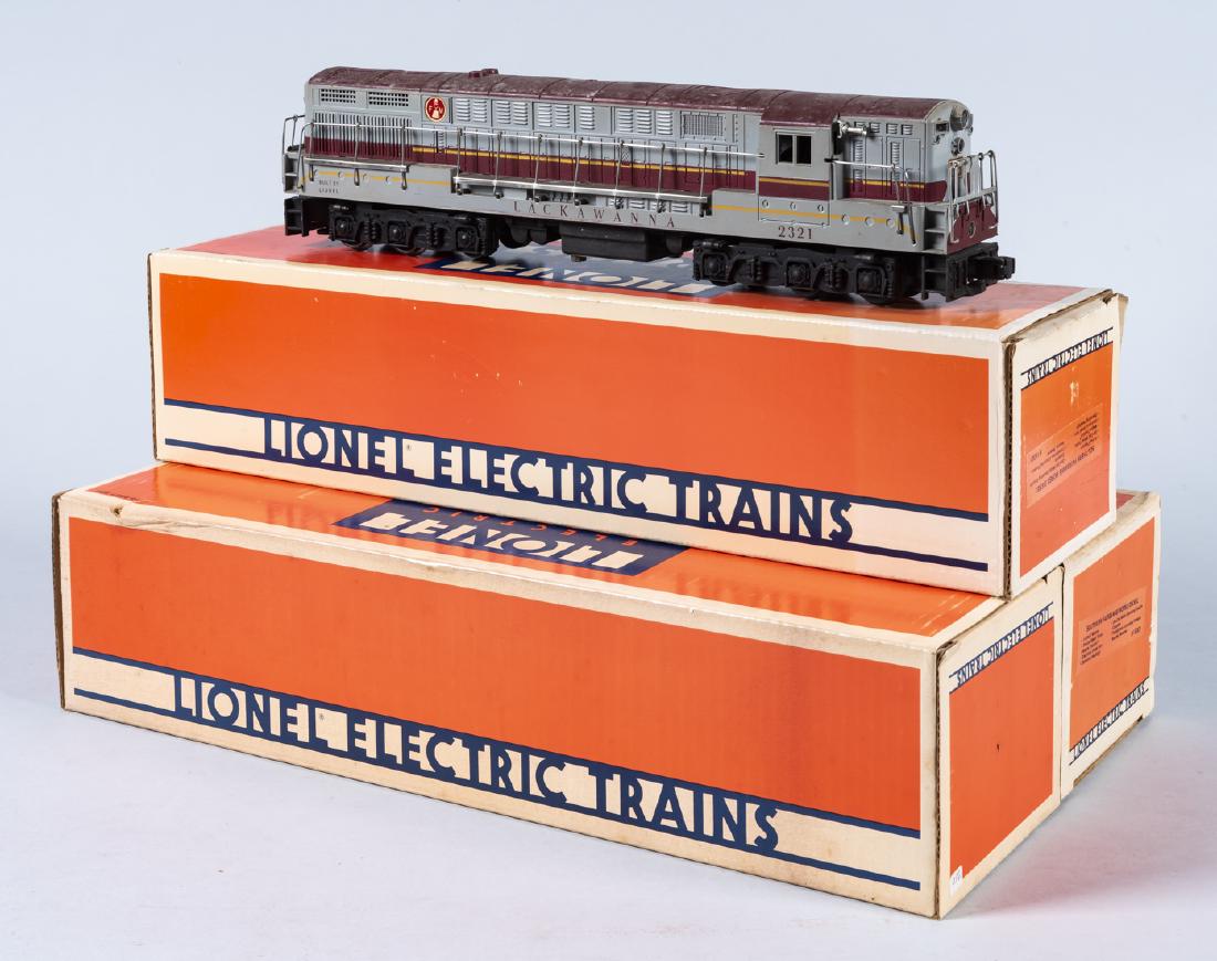 4 Lionel O Gauge FM Diesel Engines in OBs: DESCRIPTION: Three Lionel O gauge diesel engines in original boxes. Includes two 6-18301 Southern Fairbanks Morse diesel, 2321 Lackawanna Fairbanks Morse diesel, and 6-8687 Jersey Central Fairbanks Mo