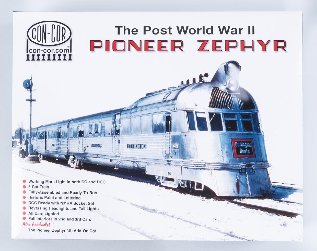 Con-Cor HO Scale Post WWII Pioneer Zephyr in OB: DESCRIPTION: Con-Cor HO Post World War II Pioneer Zephyr 3-car set in original box. 001-008724. CONDITION: Lightly if at all used. Box with light shelf wear.