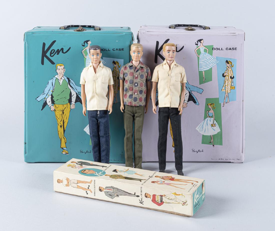 3 Mattel Ken Dolls in OBs: DESCRIPTION: Three Mattel, Inc. Ken dolls in orignial boxes. Circa 1961. Includes one blonde Ken doll in case, one brunette Ken doll in case, and one blonde Ken doll #750 in box. Each with clothing an