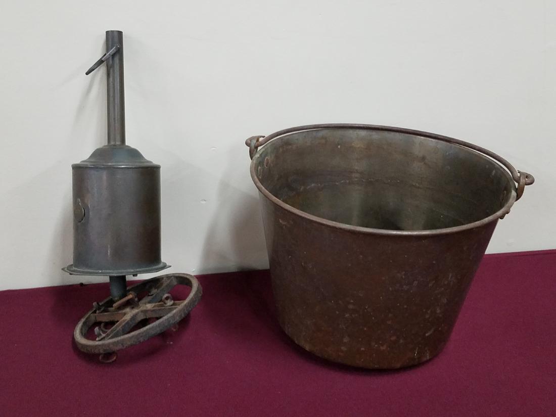 Antique Brass Bucket and Roasting Jack: Antique roasting jack marked Salter and Co.