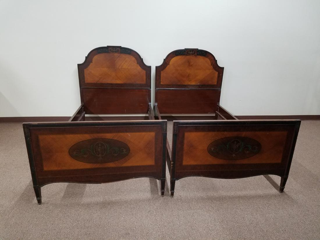 Pair of Inlaid Single Beds: 41-1/2" wide x 77-1/2" deep x 46-1/4" high.