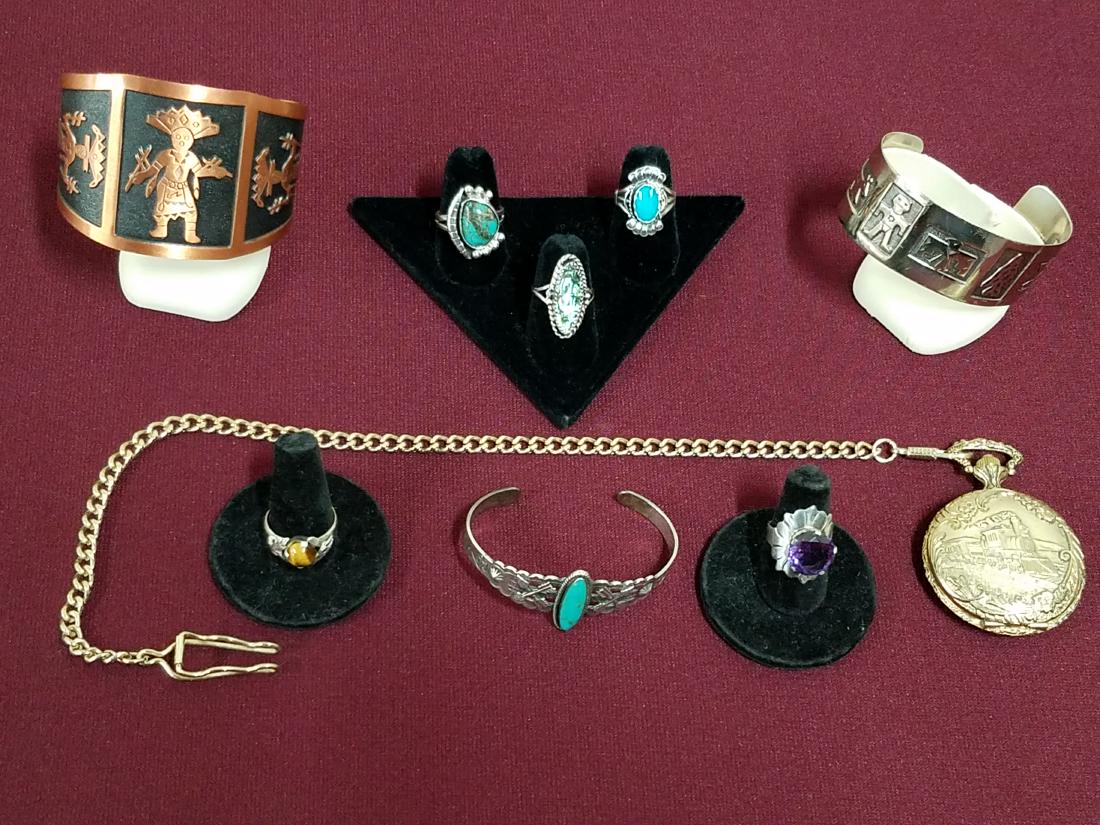 9 Pcs of Native American Jewelry: Includes PRR pocket watch and sterling.