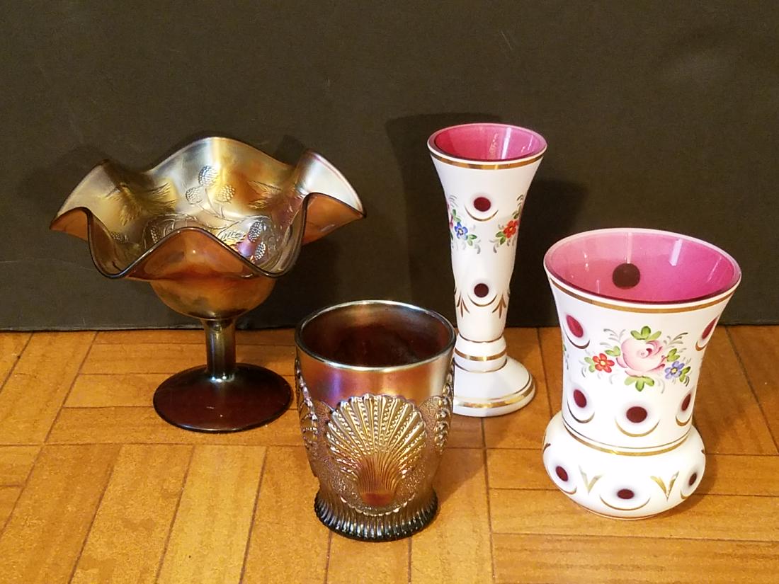 4 Pcs Of Carnival Glass & Bohemian Glass (1 of 1)