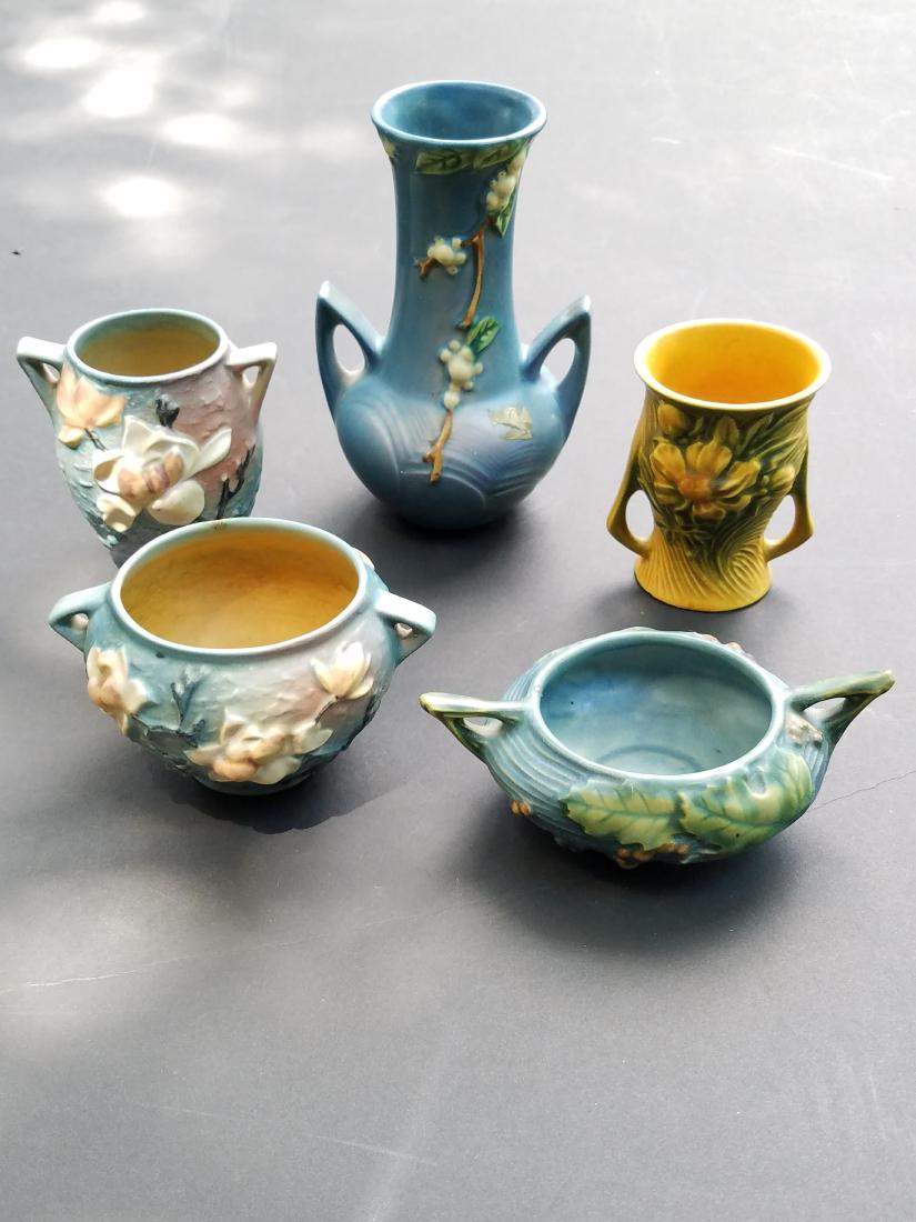 5 Pcs of Roseville: Large 5" wide X 5" deep X 7 1/2" high. Small 6 1/2" wide X 41/2" deep X 2" high.