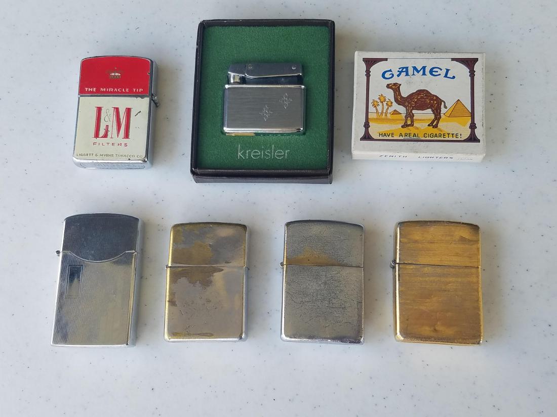 7 Lighters incl. Kreisler and Zippo: Also includes Reliance, Camel, Continental.