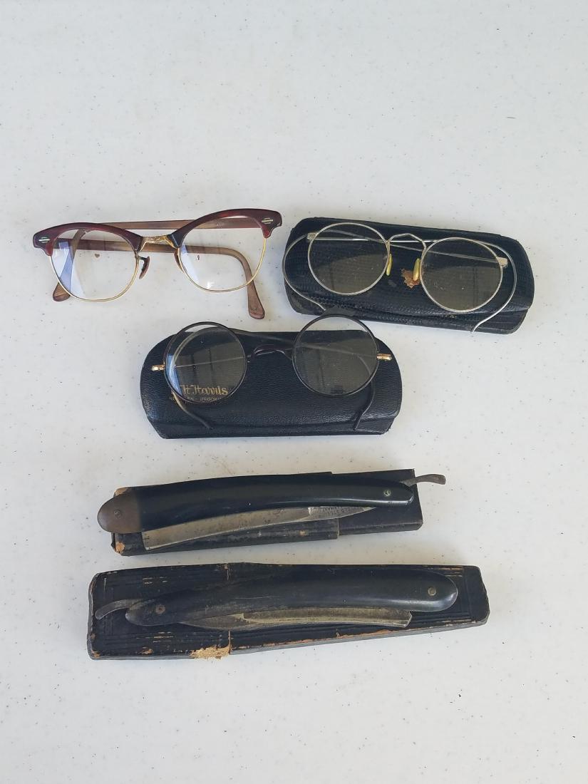 Vintage Glasses and Straight Razors: Includes World's Fair straight razor by Imperial, Wade and butcher Sheffield razor, and Artcraft glasses.